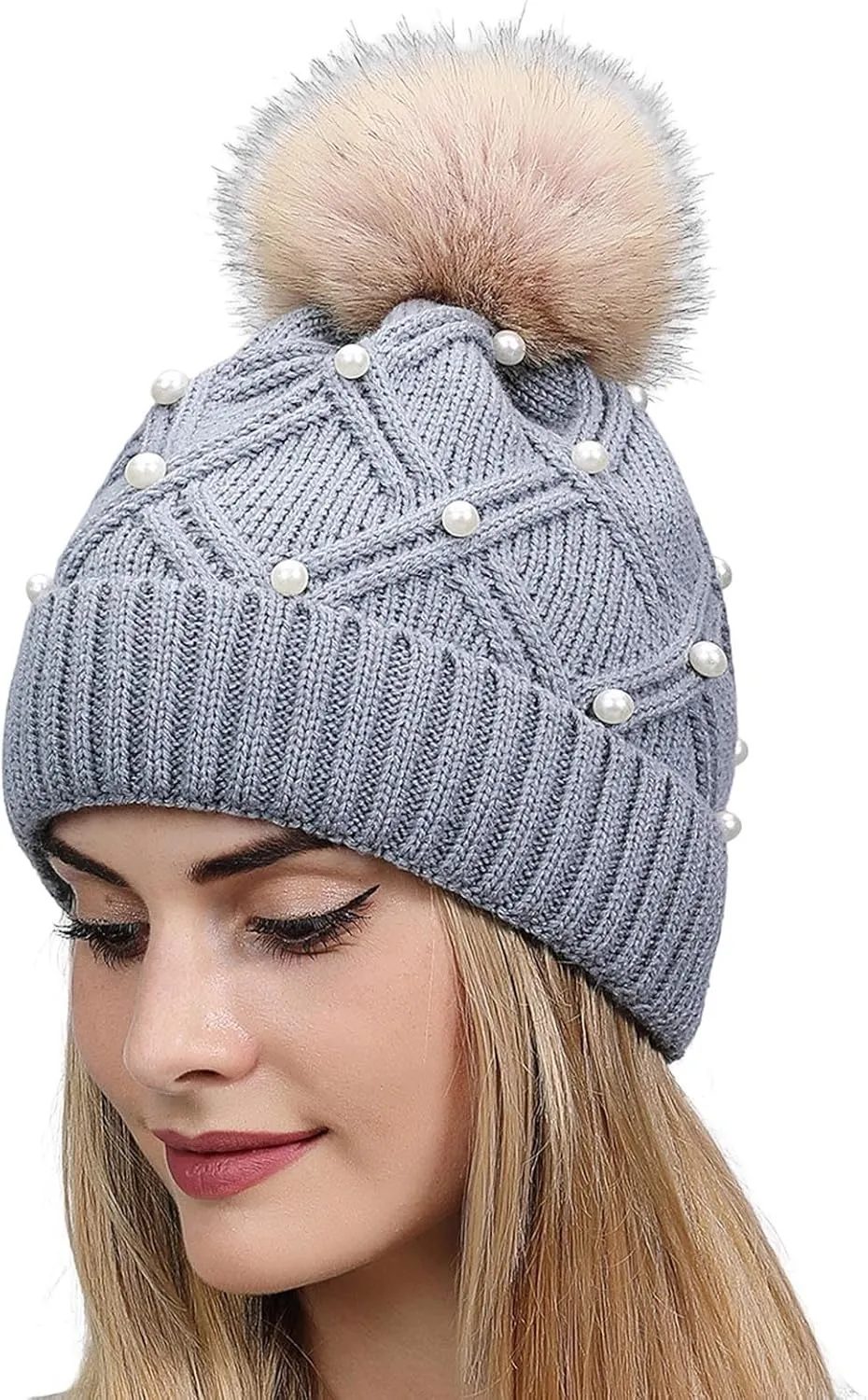 Womens Winter Beanie Hat with Pom Knit Skull Cable Cap Beanie Fashion Pearls Beanies Cap Baggy Warm Hats