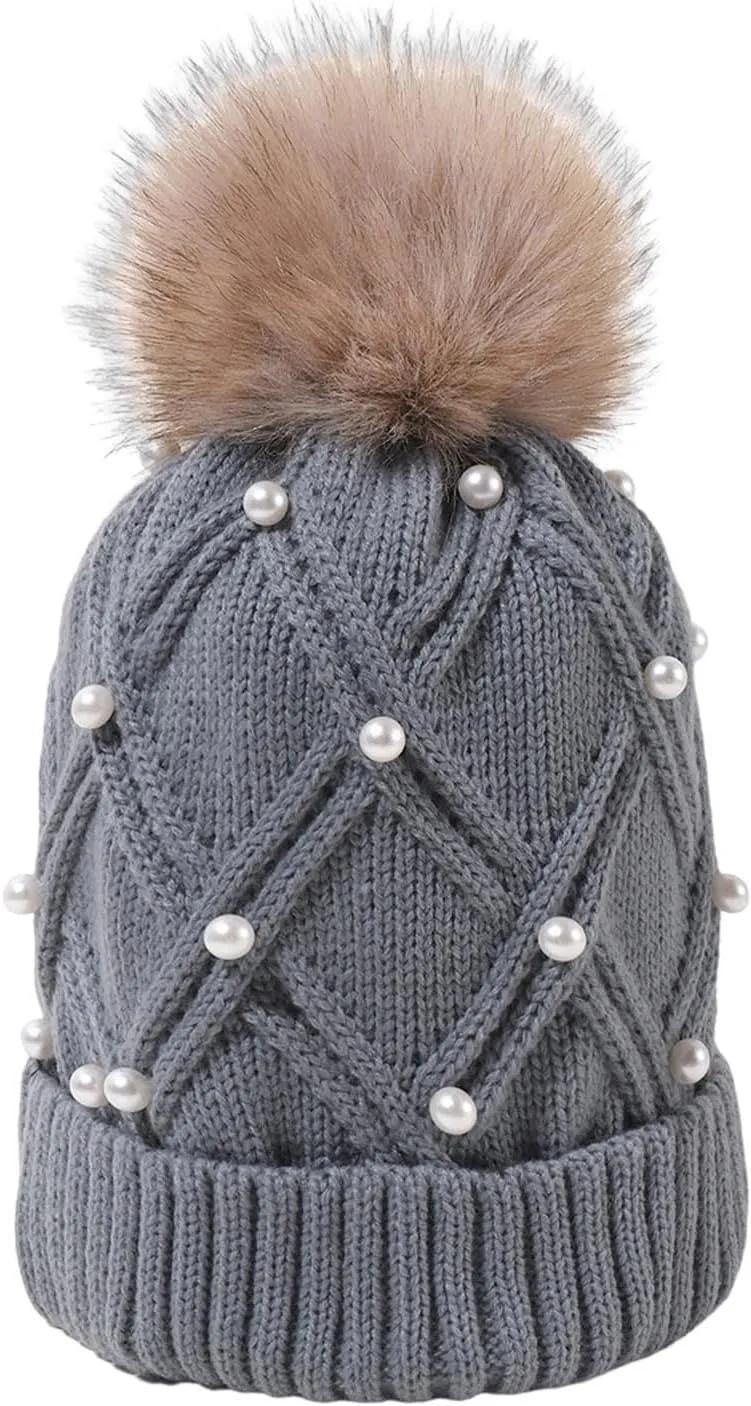Womens Winter Beanie Hat with Pom Knit Skull Cable Cap Beanie Fashion Pearls Beanies Cap Baggy Warm Hats
