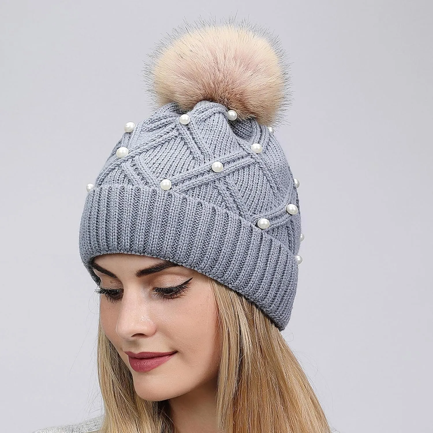 Womens Winter Beanie Hat with Pom Knit Skull Cable Cap Beanie Fashion Pearls Beanies Cap Baggy Warm Hats