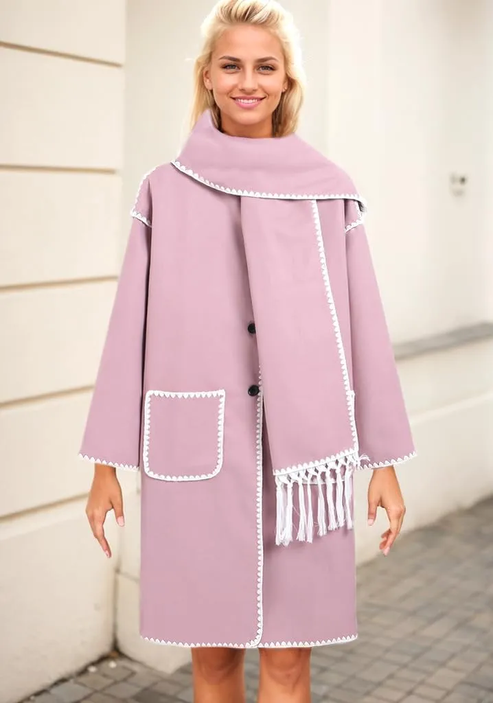 Womens Winter Wool Blend Embroidered Long Trench Jacket Oversized Button Down Warm Coat with Tassel Scarf