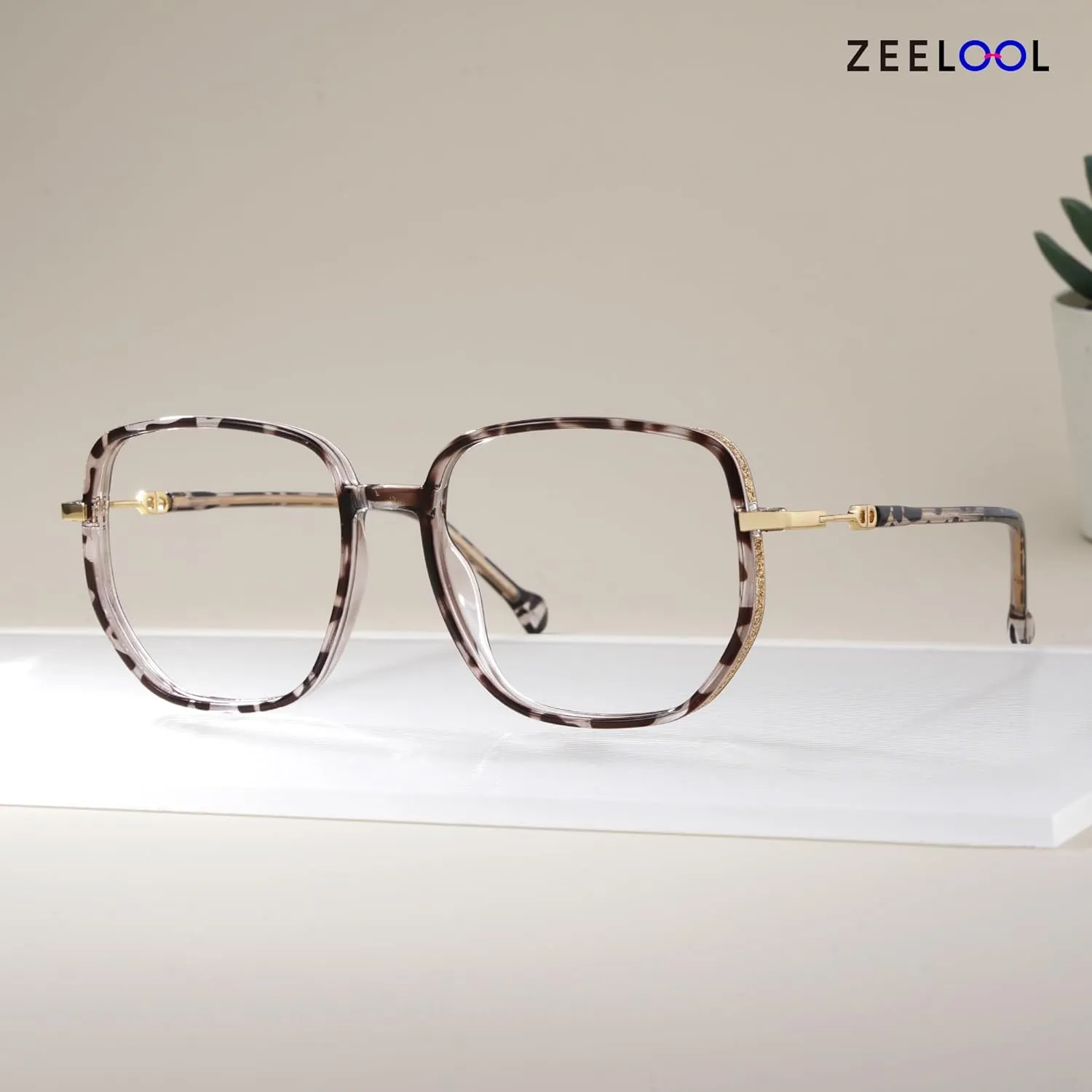 Zeelool Stylish Oversized Glasses for Women Chic Tortoise Geometric Eyeglasses with Non-prescription Clear Lens Joana